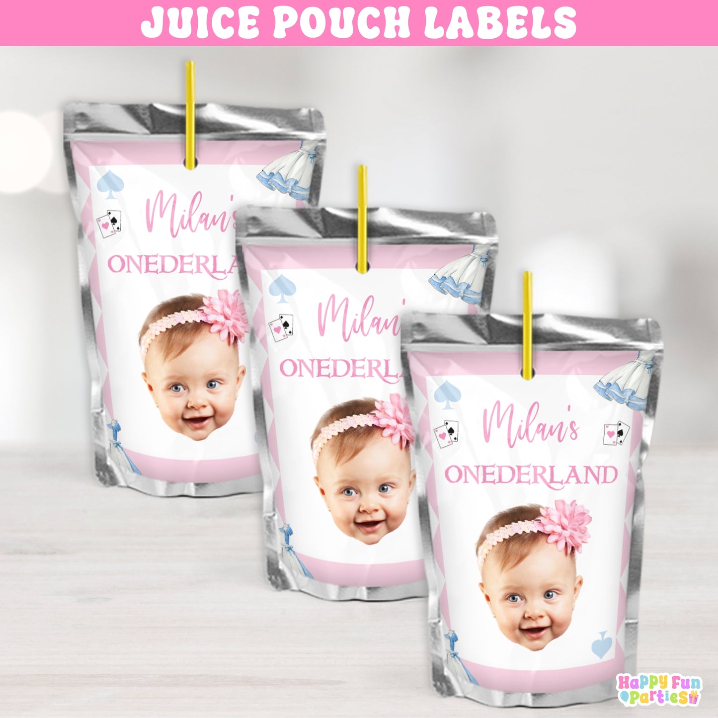 Custom Wonderland Tea Party Juice Labels | Personalized Birthday Drink Stickers