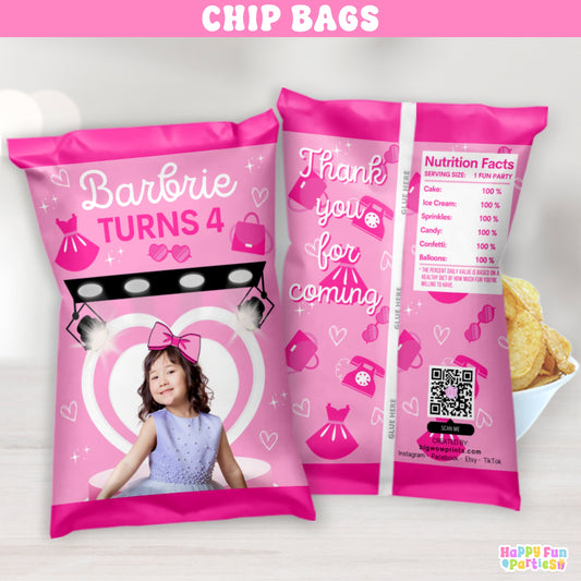 Chic Fashion Doll-Inspired Chip Bags | Personalized Pink Party Favors | Snack Bags | Gift Bags