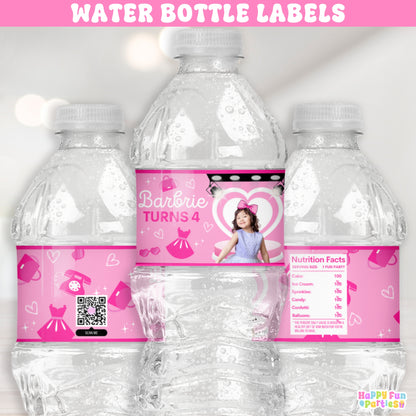 Glam Pink Fashion Doll Water Bottle Labels | Personalized Party Drink Stickers