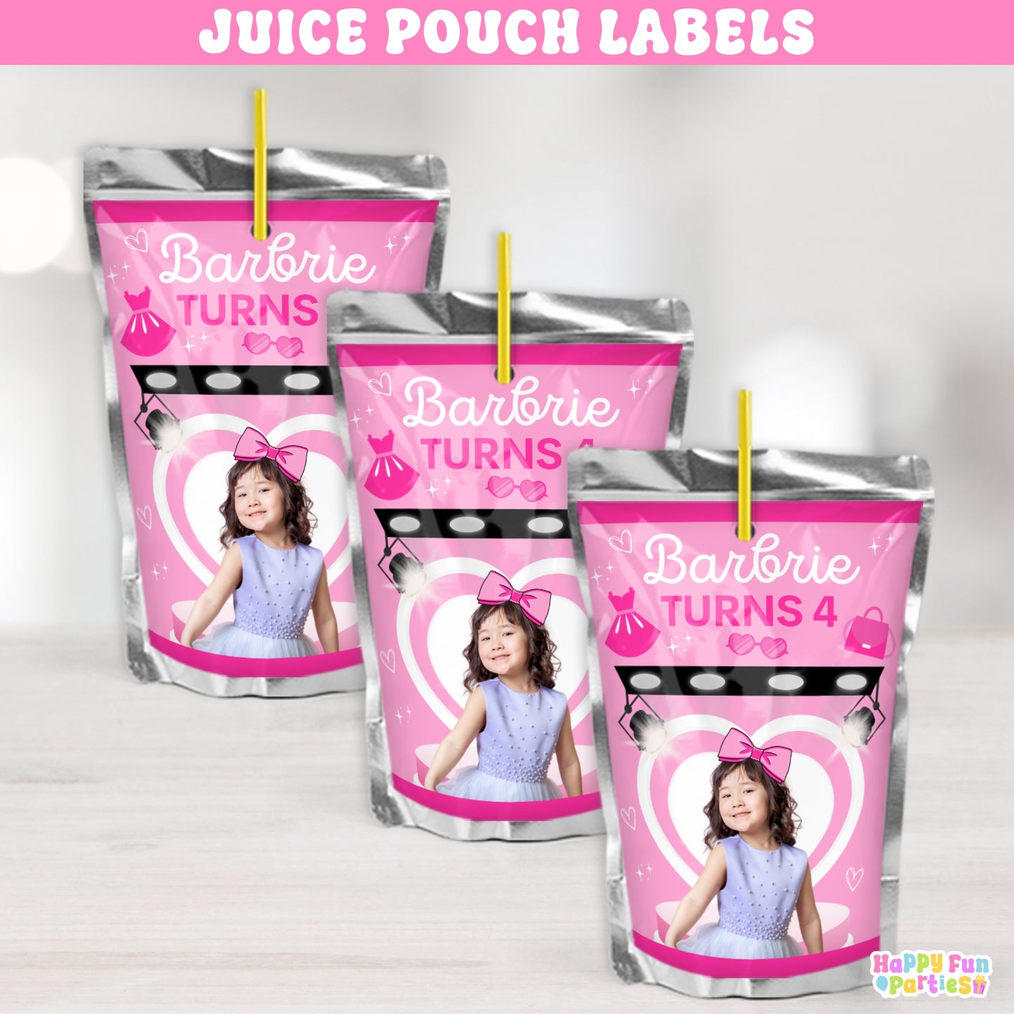 Fashion Doll Juice Pouch Labels | Custom Pink Glam Party Stickers