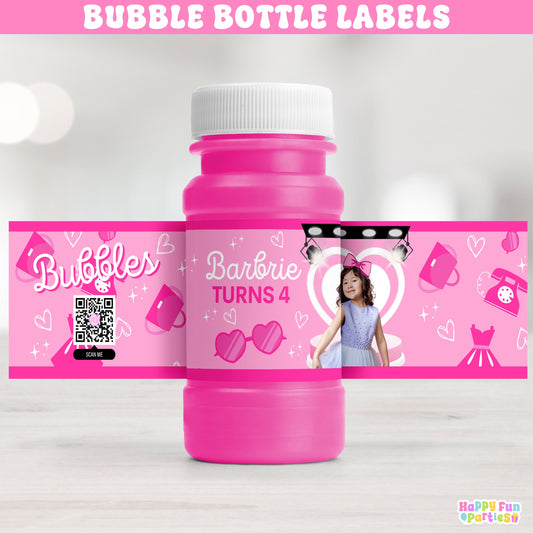 Sparkling Fashion Doll Bubble Bottle Labels | Personalized Pink Party Favors