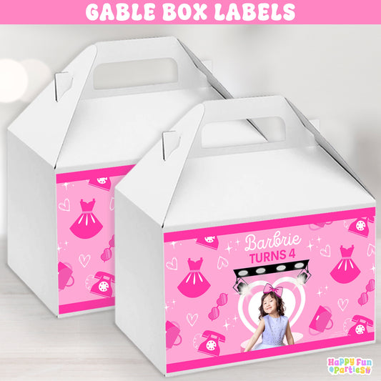 Glam Fashion Doll Gable Box Labels | Personalized Pink Party Favor Stickers