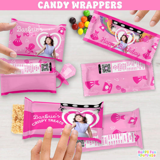 Pink Fashion Doll Candy Wrappers | Personalized Glam Party Favors