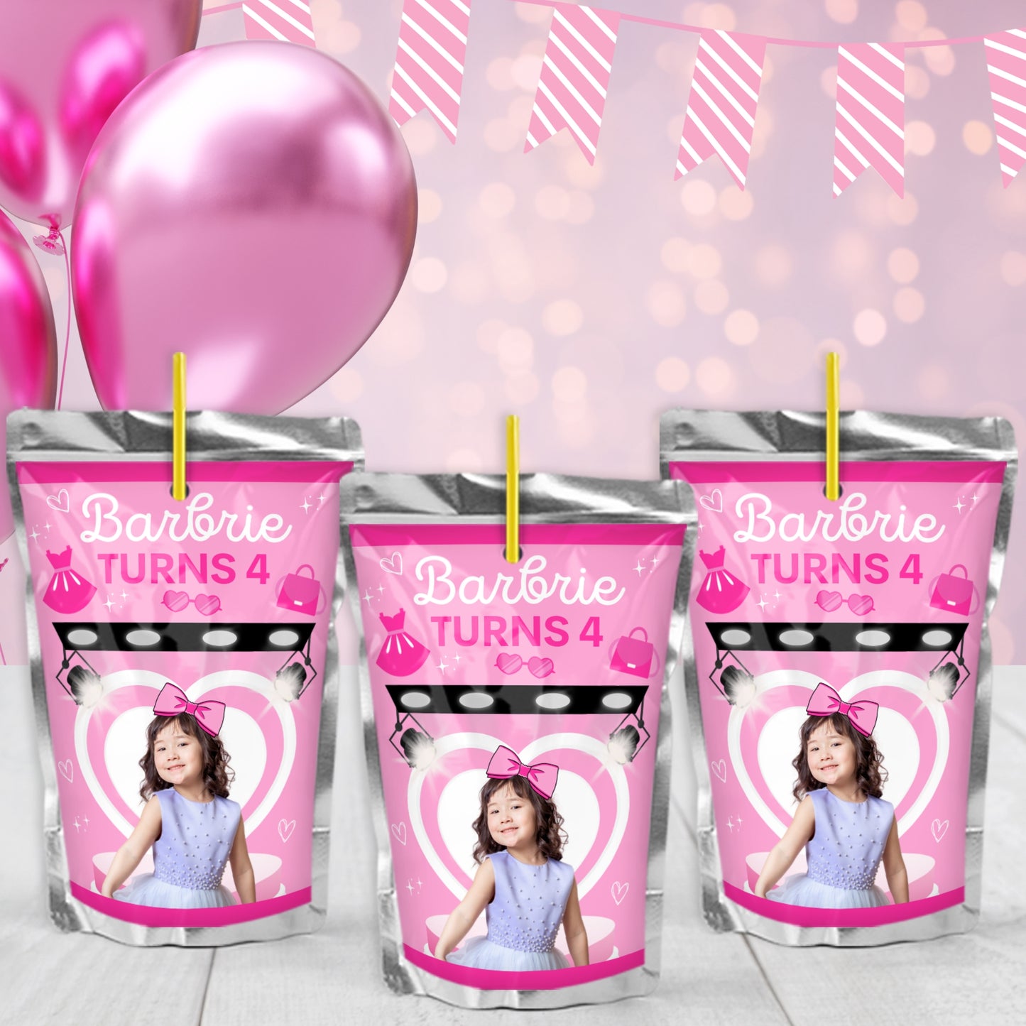 Fashion Doll Juice Pouch Labels | Custom Pink Glam Party Stickers