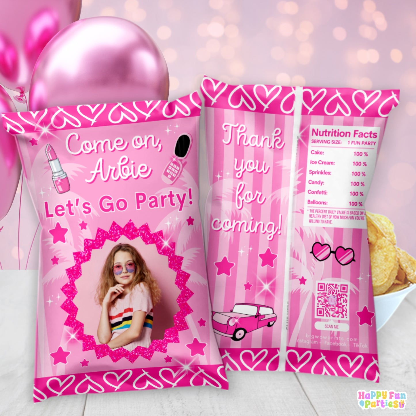 Fashion Doll-Themed Chip Bag Party Favors | Custom Pink Snack Wrappers for Girls