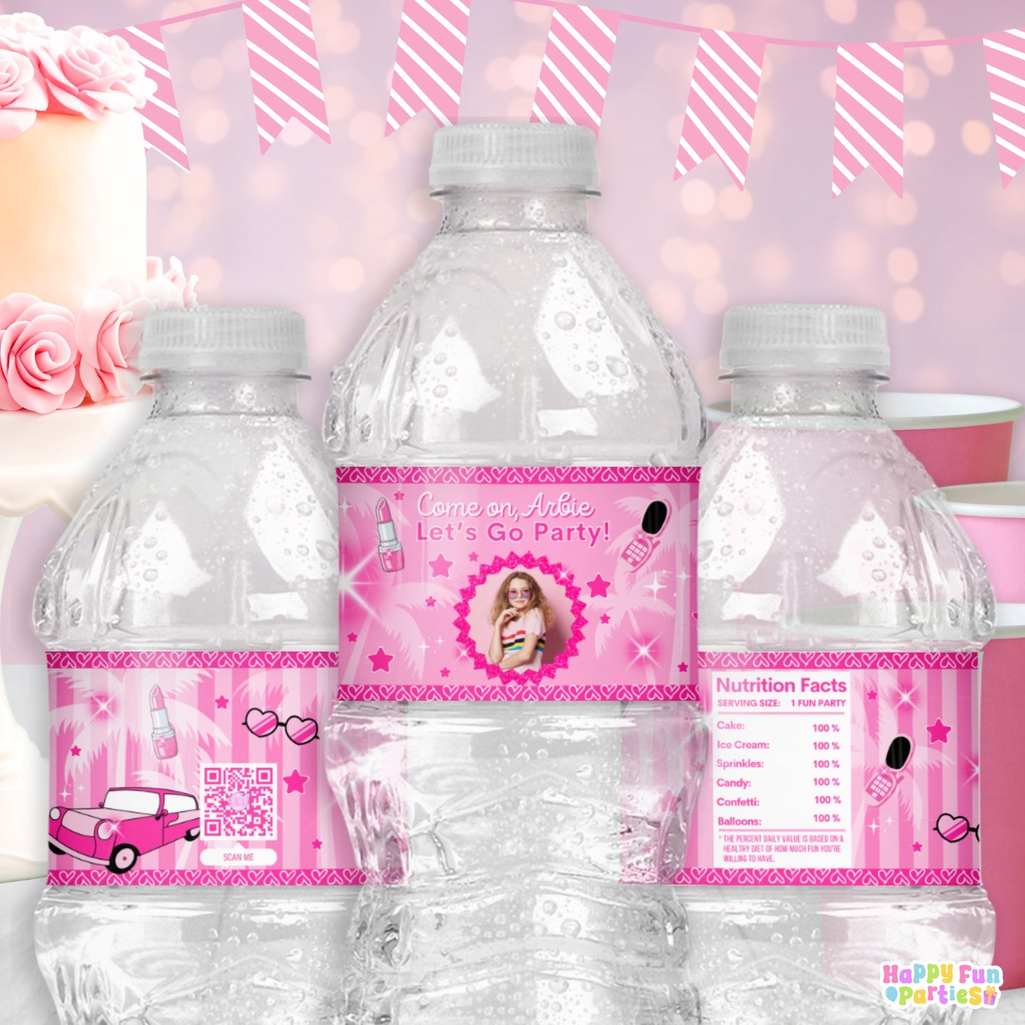 Fashion Doll-Themed Water Bottle Labels | Custom Pink Birthday Drink Wrappers