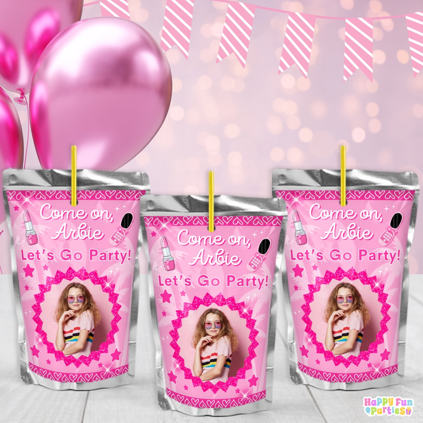 Fashion Doll-Themed Juice Pouch Labels | Custom Pink Birthday Stickers