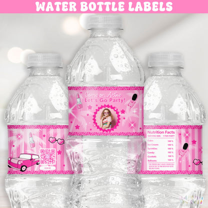 Fashion Doll-Themed Water Bottle Labels | Custom Pink Birthday Drink Wrappers