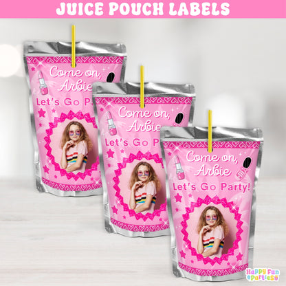 Fashion Doll-Themed Juice Pouch Labels | Custom Pink Birthday Stickers