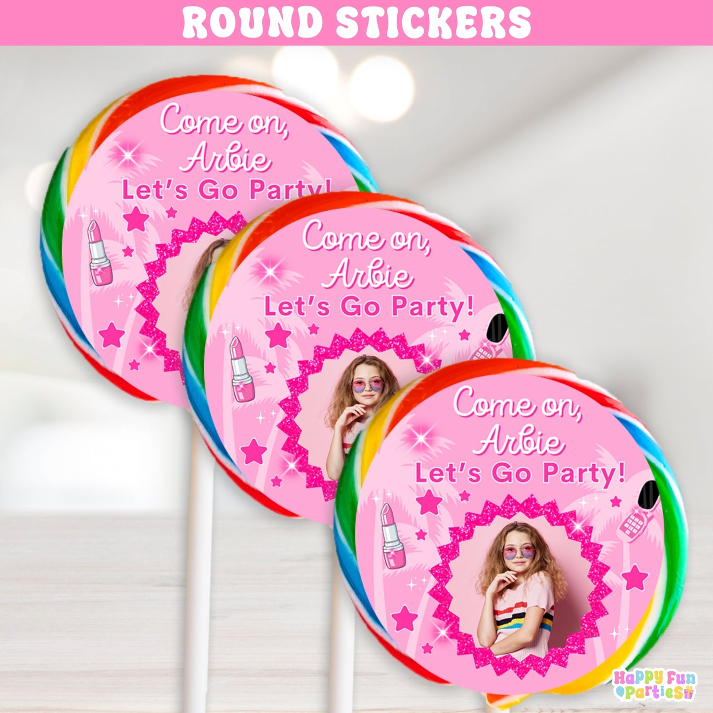 Fashion Doll-Themed Round Stickers | Custom Pink Party Favor Labels