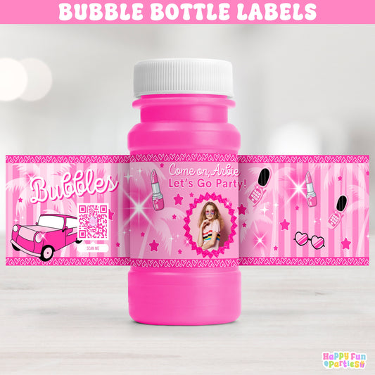 Fashion Doll-Themed Bubble Bottle Labels | Custom Pink Party Favor Stickers