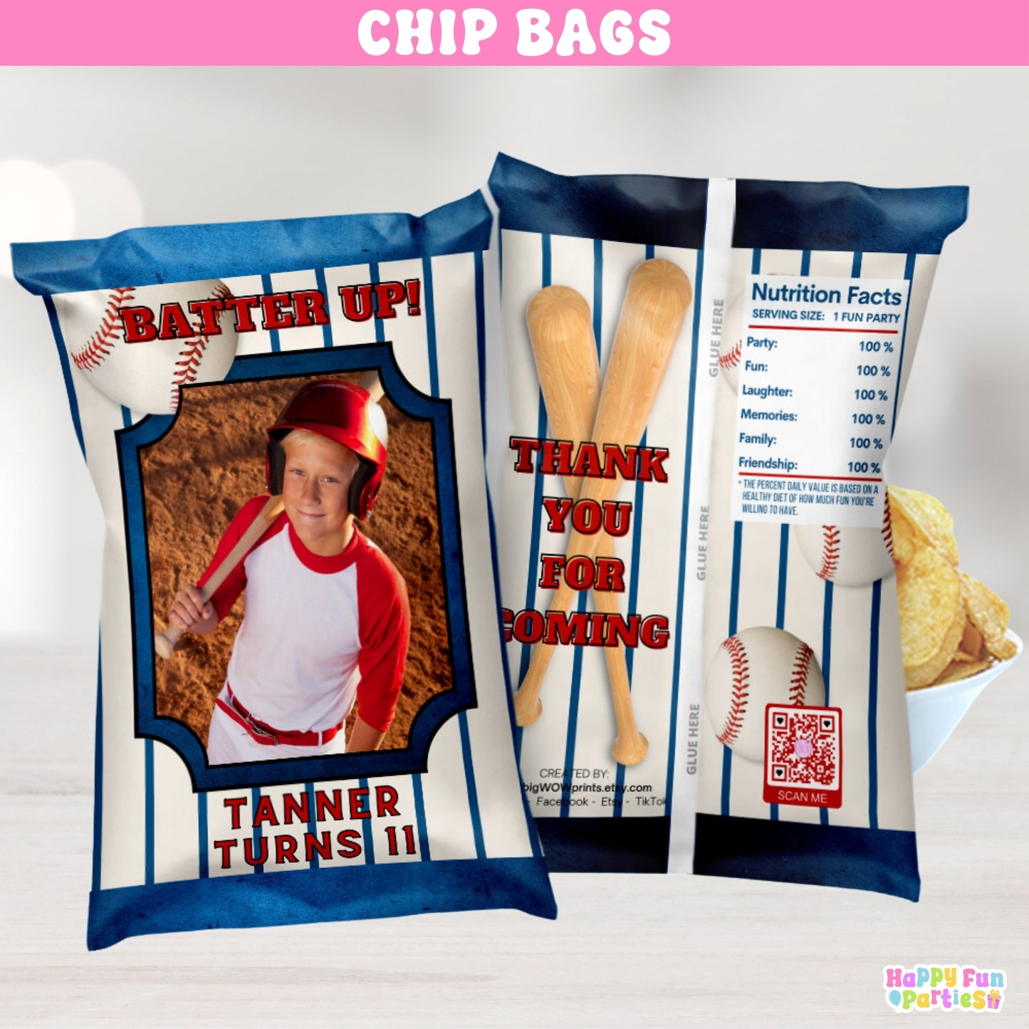 Baseball Party Snack Bags | Custom Chip Bag Wrappers for Birthday Favors