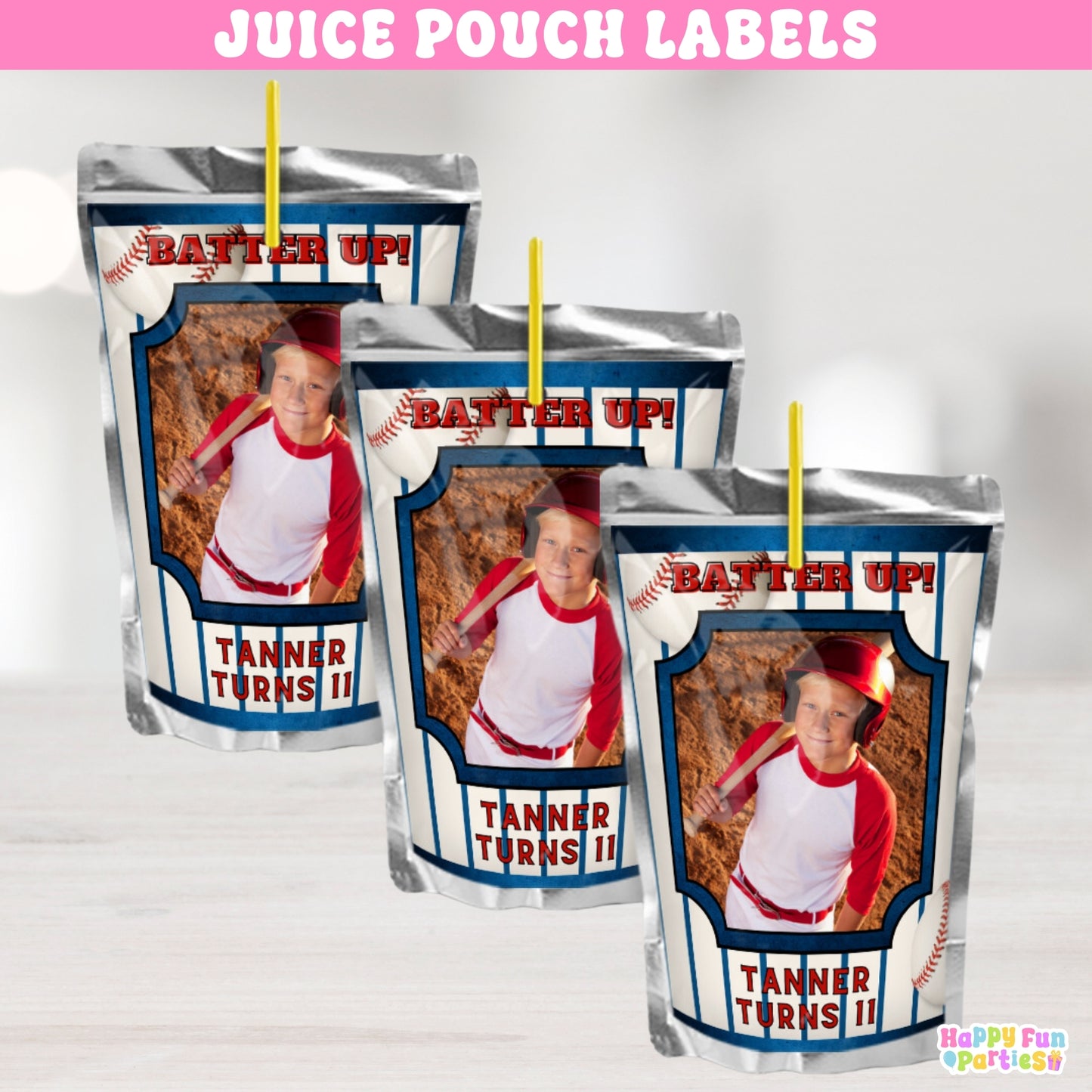 Baseball Juice Pouch Stickers | Personalized Sports Birthday Drink Labels