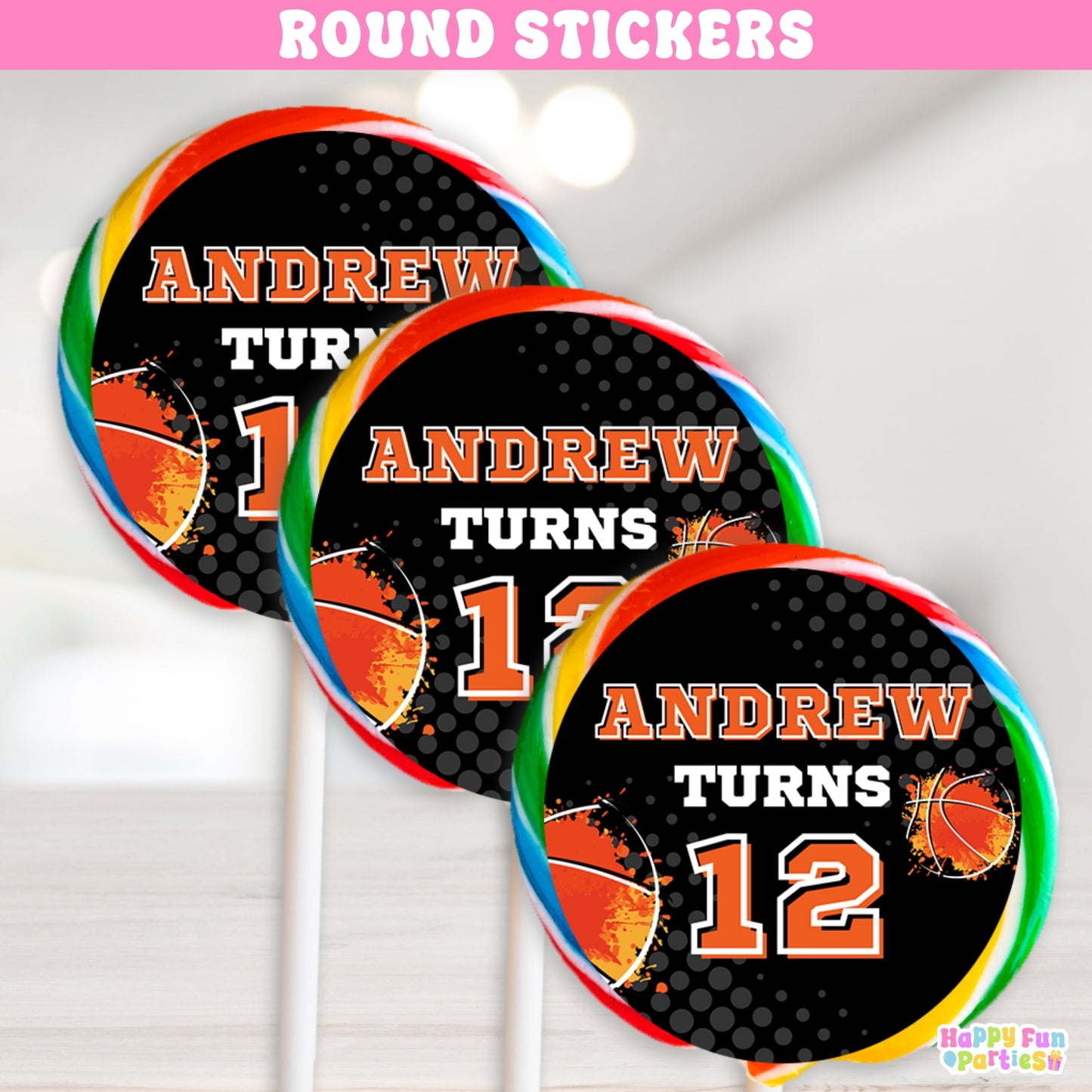 Custom Basketball Round Sticker Labels | Sports Party Favor Decorations