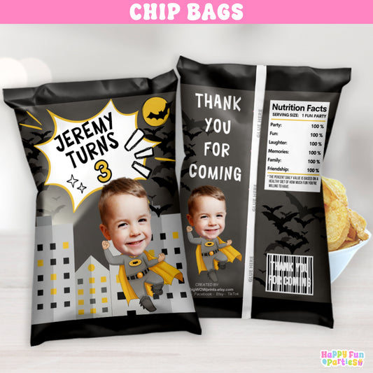 Personalized Gotham Superhero Chip Bags | Custom Face Cutout Comic Book Party Favors | Flying Hero Treat Bags