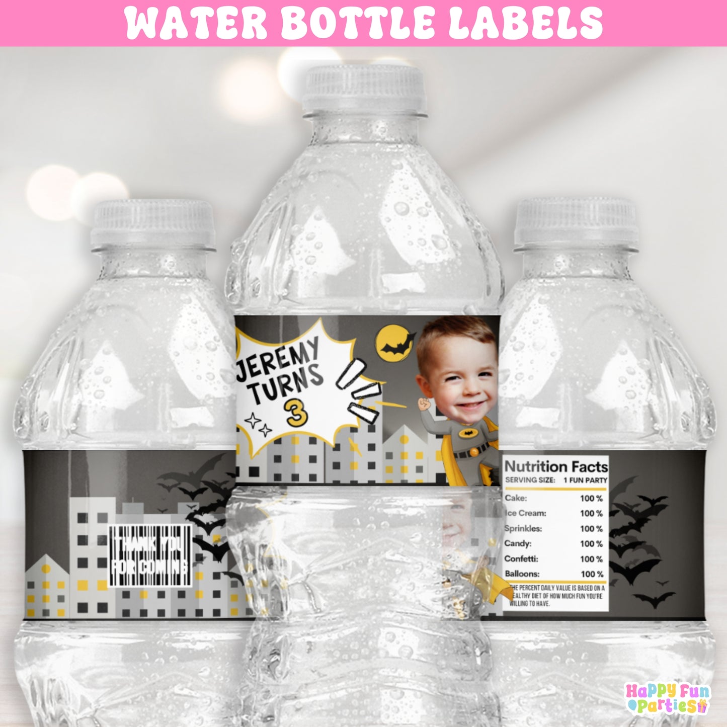 Gotham City Superhero Water Bottle Labels | Custom Party Drink Stickers