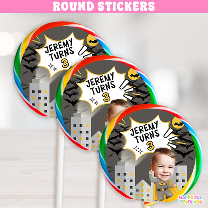 Bat Birthday Lollipop Labels | Custom Superhero Party Favor Stickers