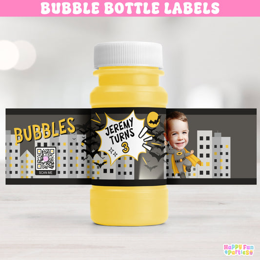 City Defender Bubble Bottle Labels | Personalized Superhero Party Stickers