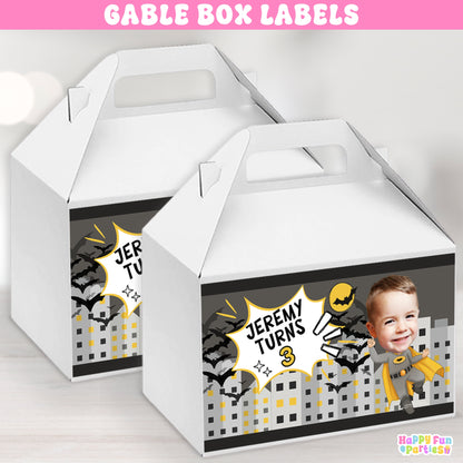 Dynamic Night Hero Gable Box Labels | Personalized Superhero Party Stickers