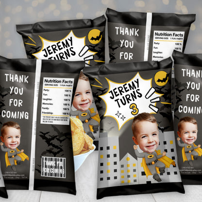 Personalized Gotham Superhero Chip Bags | Custom Face Cutout Comic Book Party Favors | Flying Hero Treat Bags