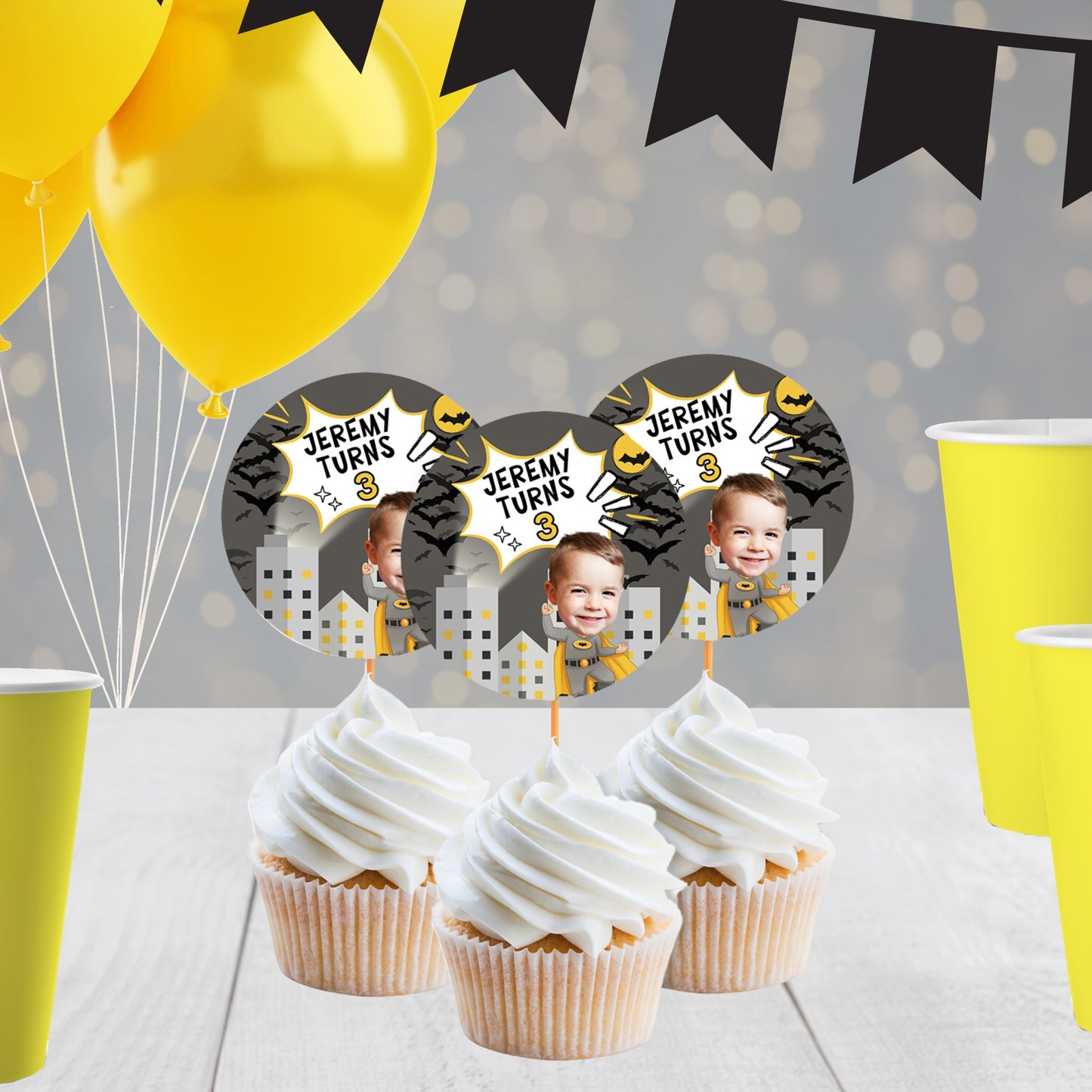 Heroic City Cupcake Toppers | Personalized Superhero Birthday Decorations