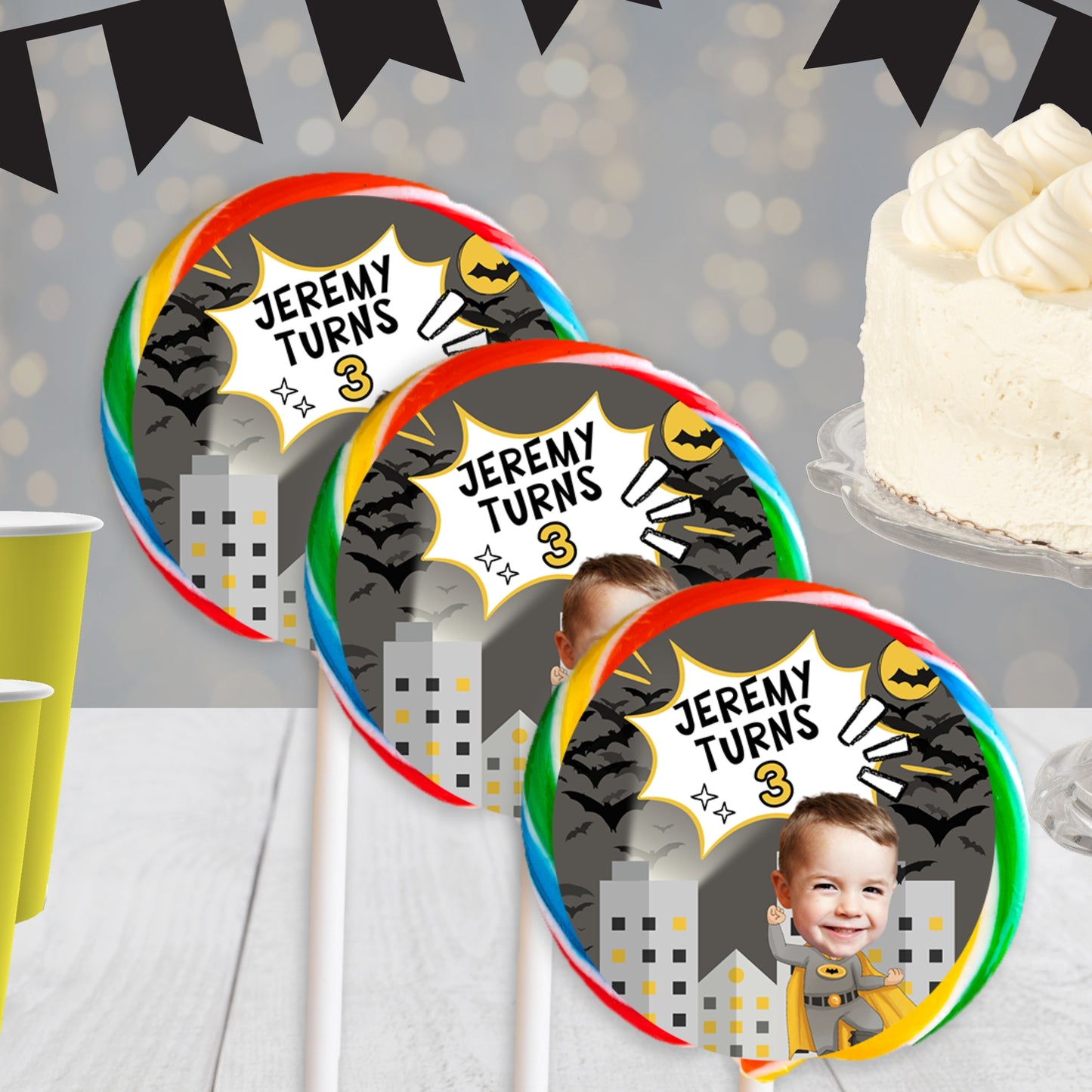 Bat Birthday Lollipop Labels | Custom Superhero Party Favor Stickers