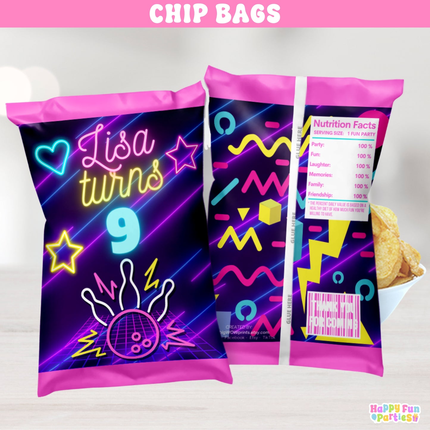 Personalized Bowling Chip Bags | Retro Neon Glow Party Favors Treat Bags