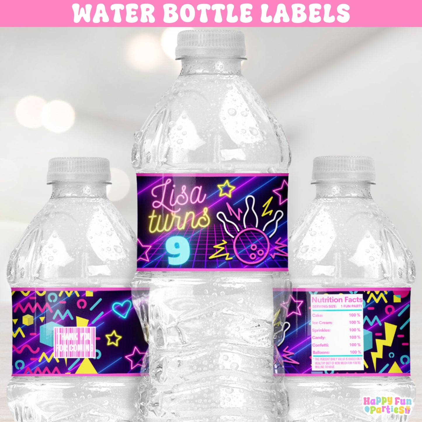 Personalized Bowling Water Bottle Labels | Neon Glow Party Favors