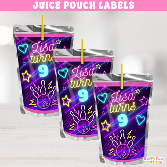 Personalized Bowling Juice Pouch Labels | Neon Glow Party Favors