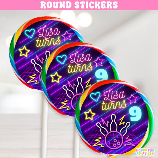 Personalized Neon Bowling Round Stickers | Party Favors & Decorations