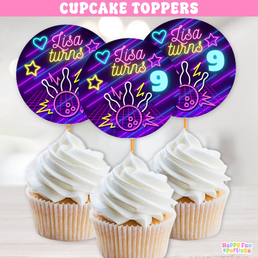 Personalized Bowling Cupcake Toppers | Neon Glow Party Decorations