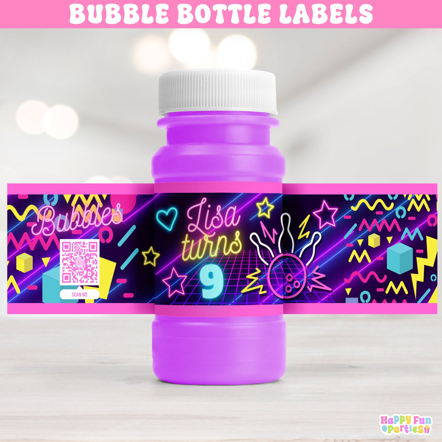 Personalized Bowling Bubble Bottle Labels | Neon Glow Party Favors