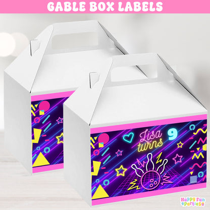 Personalized 90's Bowling Gable Box Party Favor Stickers | Neon Glow Bowling Labels