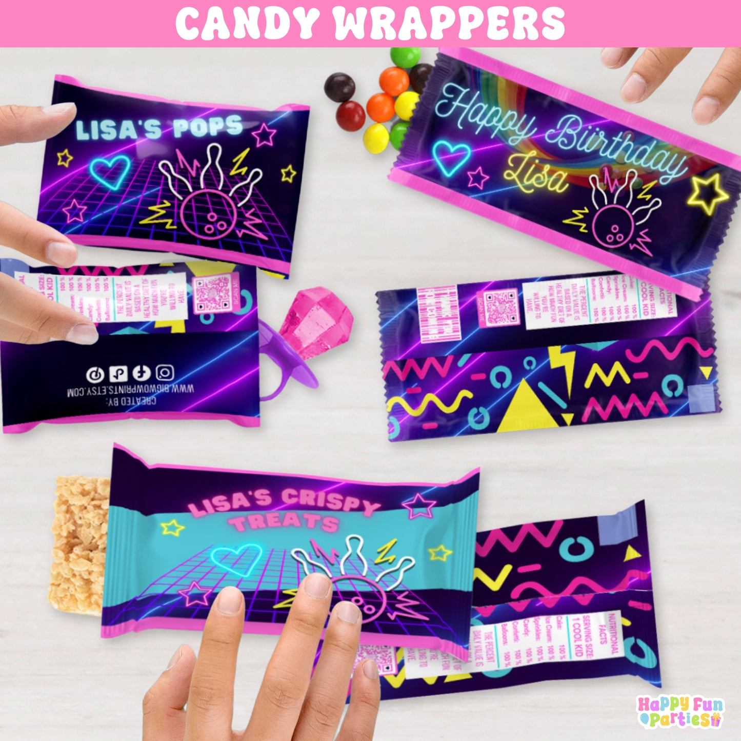 Personalized Bowling Candy Wrappers | Retro 90’s Neon Glow Party Favors