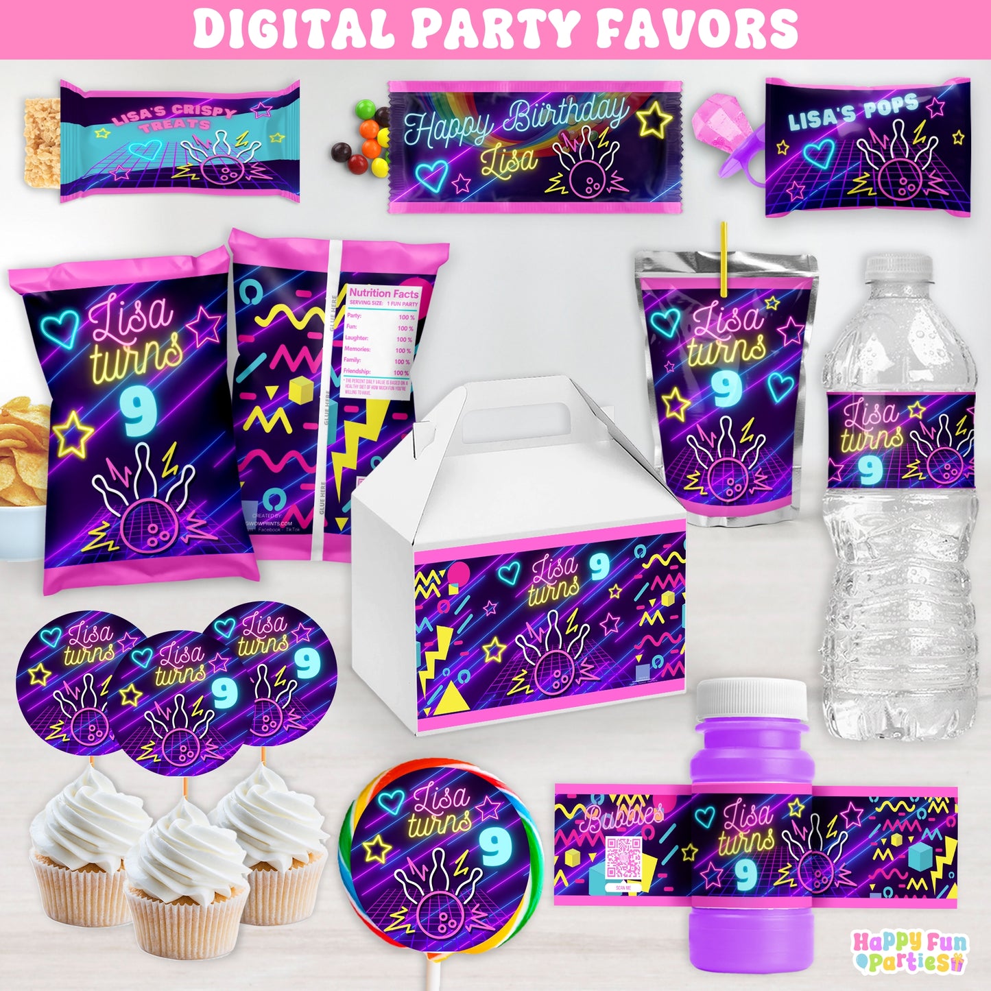 Personalized Bowling Party Favors | Neon Glow In The Dark Inspired Birthday Decorations | Digital Download