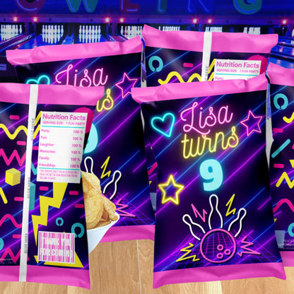 Personalized Bowling Chip Bags | Retro Neon Glow Party Favors Treat Bags