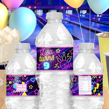 Personalized Bowling Water Bottle Labels | Neon Glow Party Favors