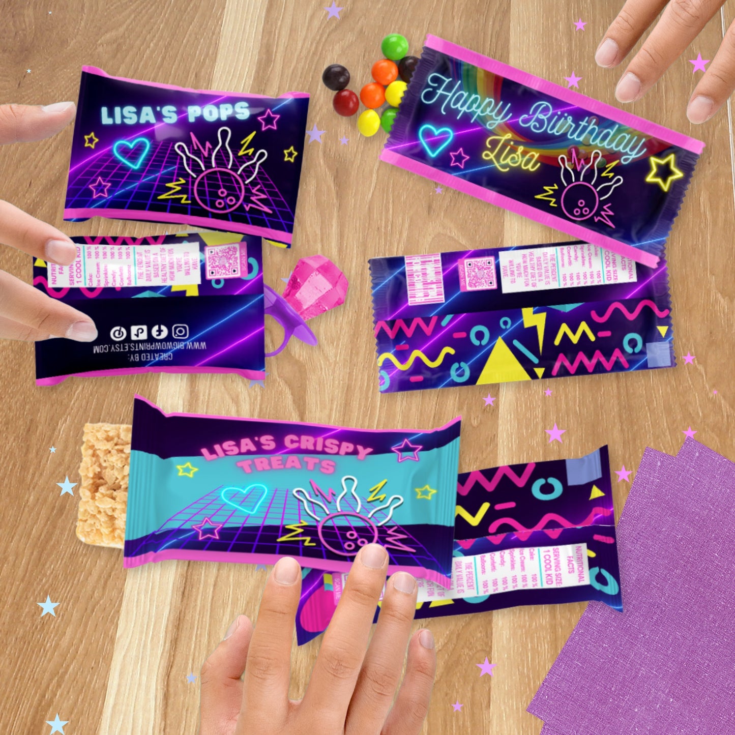 Personalized Bowling Candy Wrappers | Retro 90’s Neon Glow Party Favors