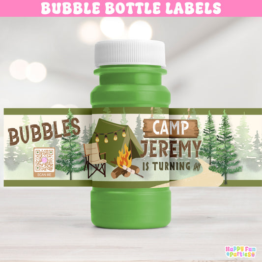 Personalized Camping Bubble Bottle Stickers | Happy Camper Party Favors