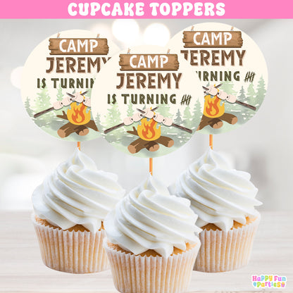 Personalized Camping Cupcake Toppers | Happy Camper Party Decorations