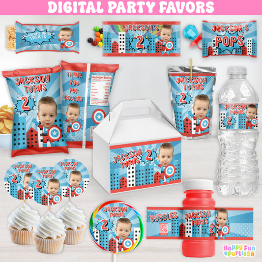 Digital Superhero Party Favors | Printable Snack Bags, Labels & Decorations