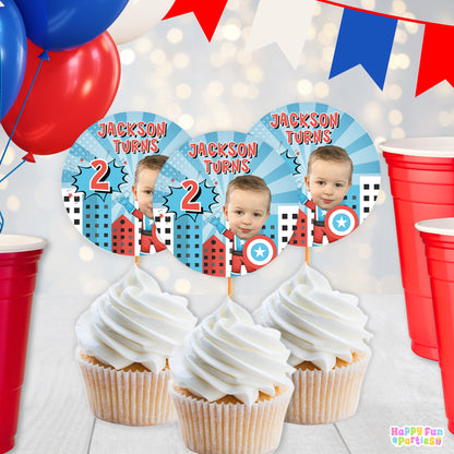 Superhero Shield Cupcake Toppers | Personalized Comic Party Decorations