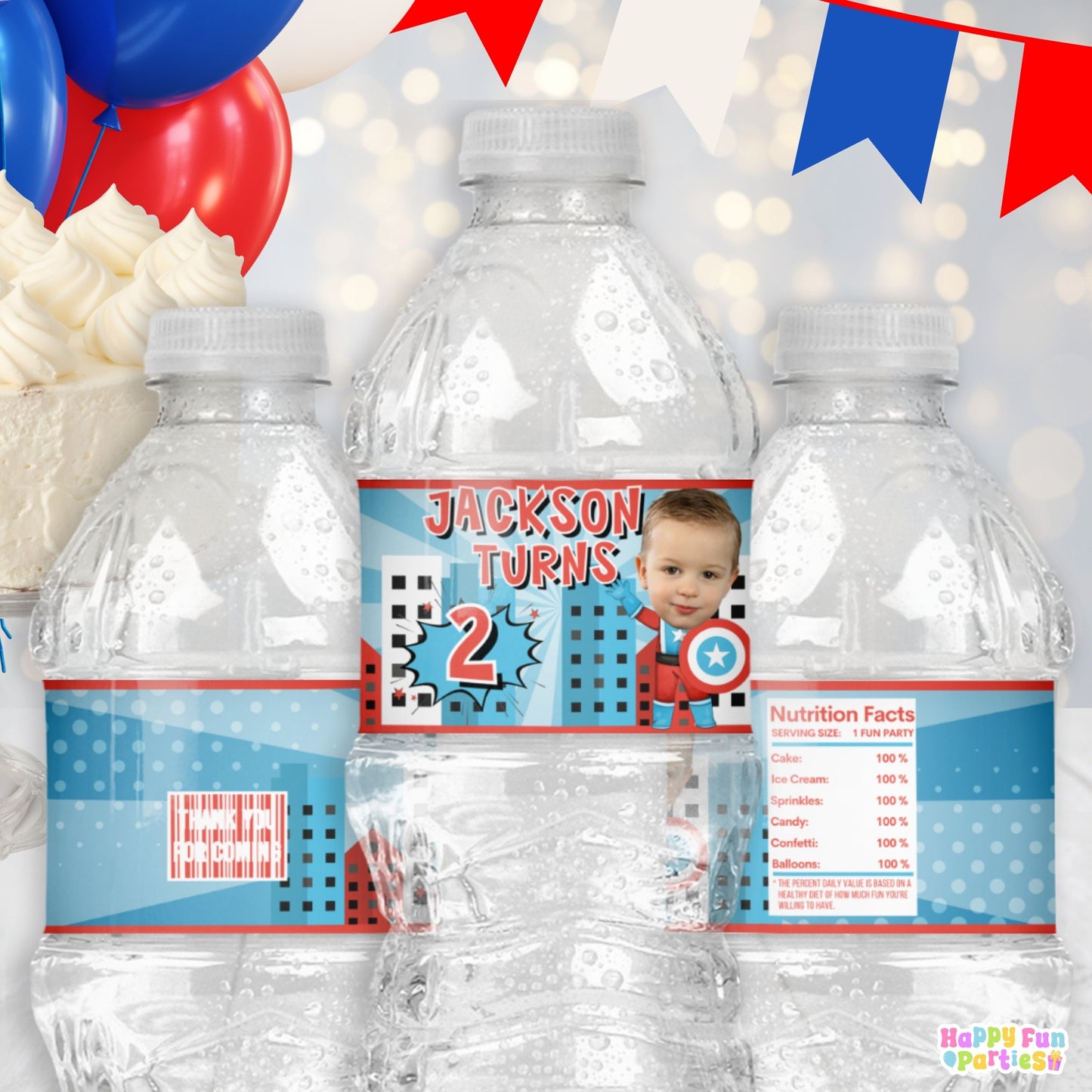 Patriotic Hero Water Bottle Labels | Personalized Superhero Party Stickers