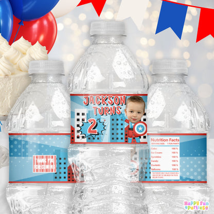 Patriotic Hero Water Bottle Labels | Personalized Superhero Party Stickers