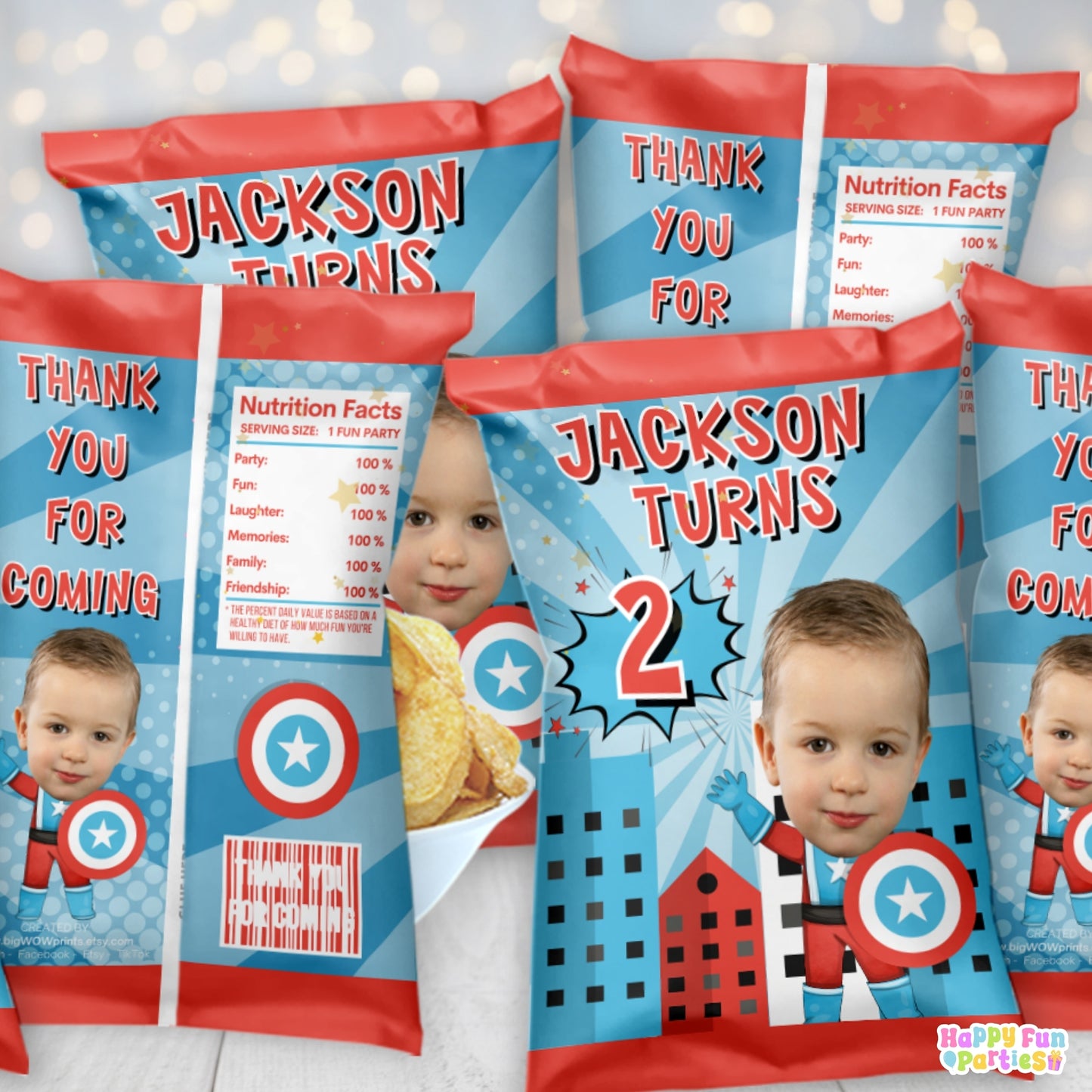 Digital Superhero Party Favors | Printable Snack Bags, Labels & Decorations