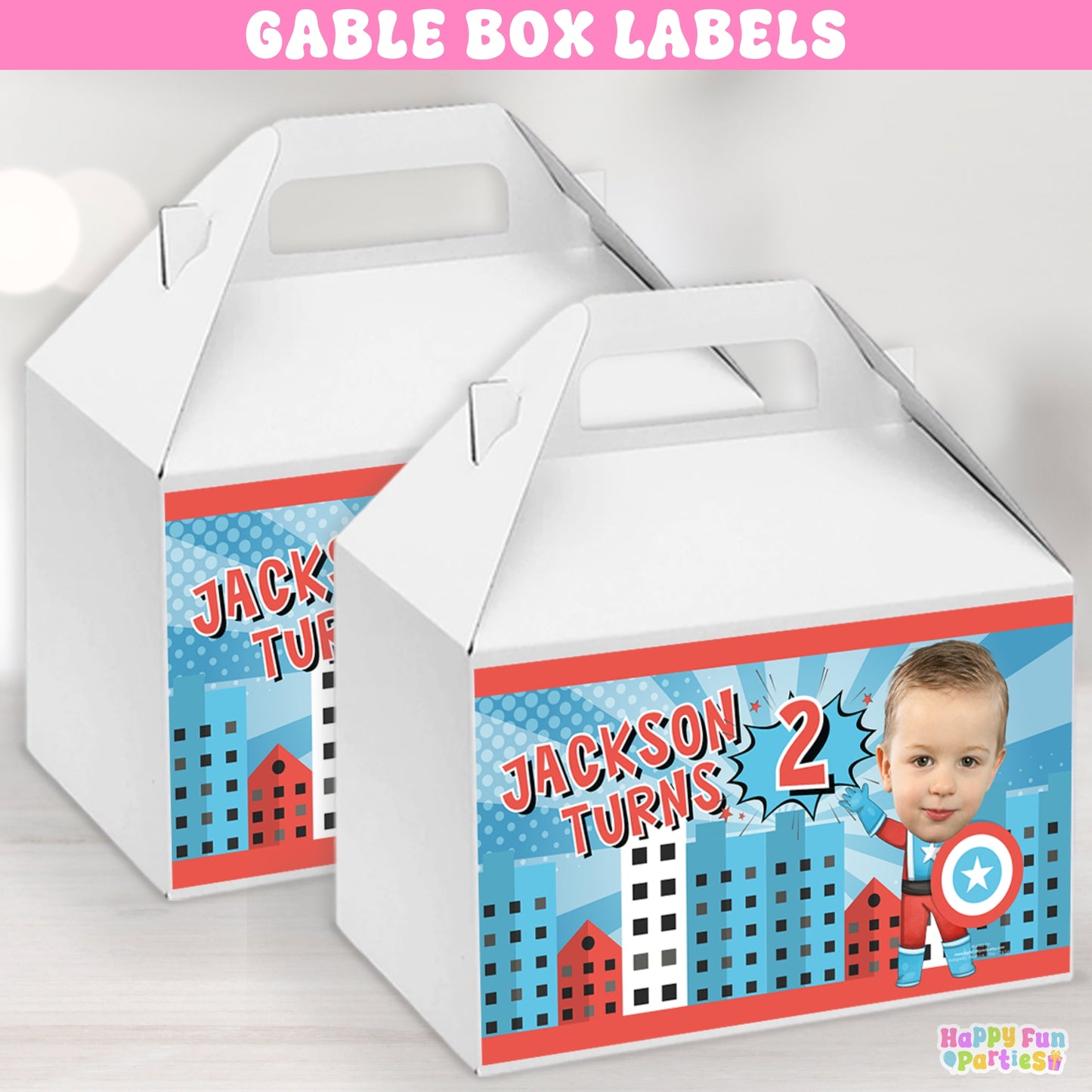 Comic Hero Gable Box Labels | Personalized Superhero Favor Stickers