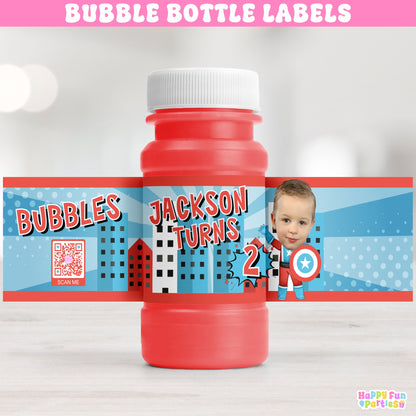 Personalized Hero Bubble Bottle Labels | Superhero Party Stickers