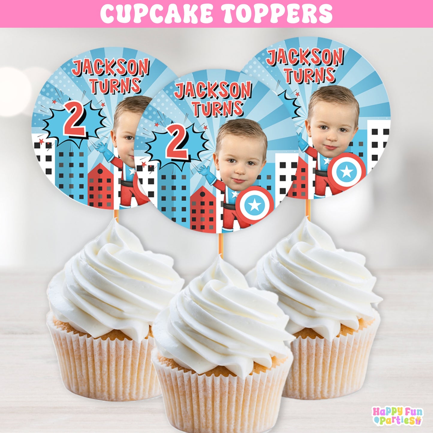 Superhero Shield Cupcake Toppers | Personalized Comic Party Decorations