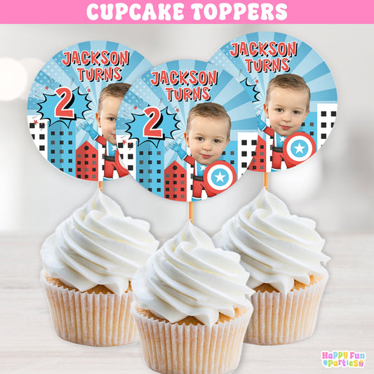 Superhero Shield Cupcake Toppers | Personalized Comic Party Decorations