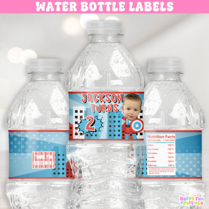 Patriotic Hero Water Bottle Labels | Personalized Superhero Party Stickers